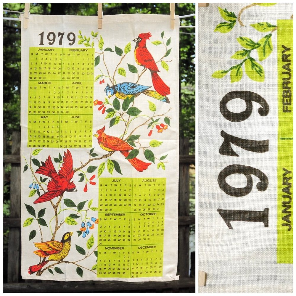 VTG 1979 Garden Birds in Tree Linen Calendar Towel Cardinal Bluebird Goldfinch